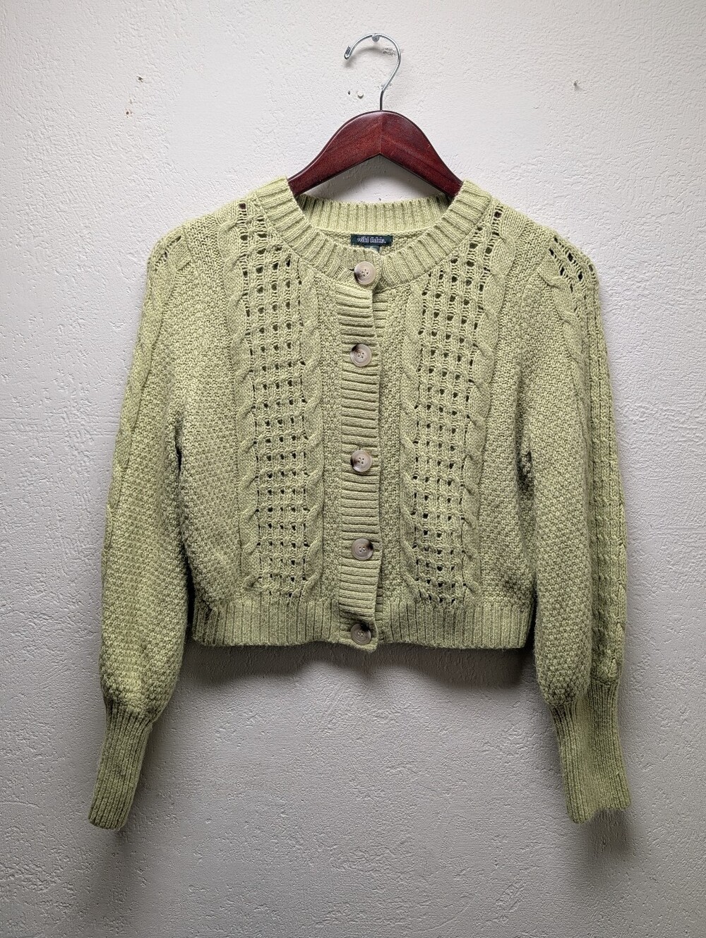 Wild Fable Lime Green Cable Knit Cropped Cardigan Sweater Puff Sleeve Medium
